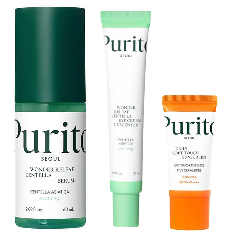 Purito Seoul Wonder Skin Set ZESTAW Łagodzące serum 60 ml + Krem do pielęgnacji okolicy oczu 30 ml + Krem przeciwsłoneczny 15 ml