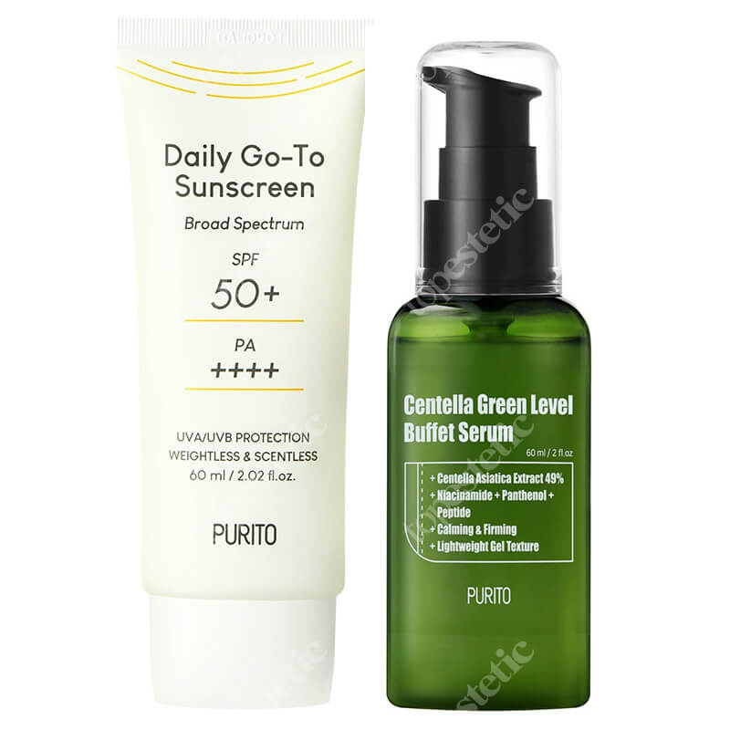 Purito Sunscreen Cream SPF50 + Centella Green Level Buffet Serum ZESTAW Krem z filtrem przeciwsłonecznym SPF50 60 ml + Odżywcze serum do twarzy 60 ml