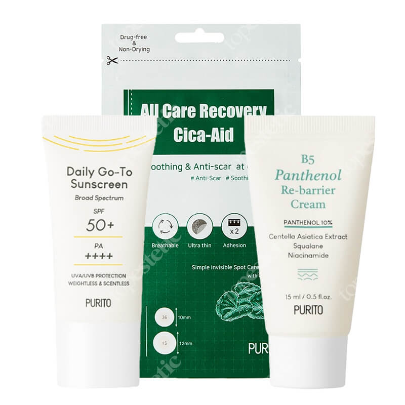 Purito Travel Go ZESTAW Krem SPF 50 15 ml + Regenerujący krem z pantenolem 15 ml + Plastry do stosowania punktowo 51 szt