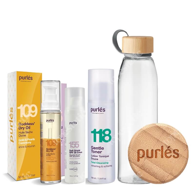 Purles Dry Oil + SPF 30 Cream + Toner + EKO Butelka GRATIS ZESTAW Suchy olejek 50 ml + Krem SPF30 50 ml + Tonik 200 ml + Butelka 500 ml