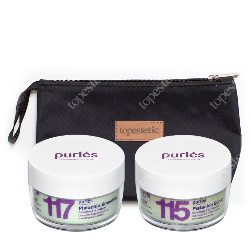 Purles 115 Pistachio Scrub + 117 Pistachio Smoothie ZESTAW Kremowy peeling pistacjowy 160 ml + Pistacjowy krem do ciała 160 ml + Kosmetyczka