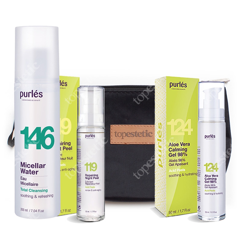 Purles 119 Repairing Night Peel+ 124 Aloe Vera Calming Gel 98% + 146 Micellar Water ZESTAW Krem eksfoliujący 50 ml + Żel aloesowy 50 ml + Woda micelarna 200 ml + kosm.