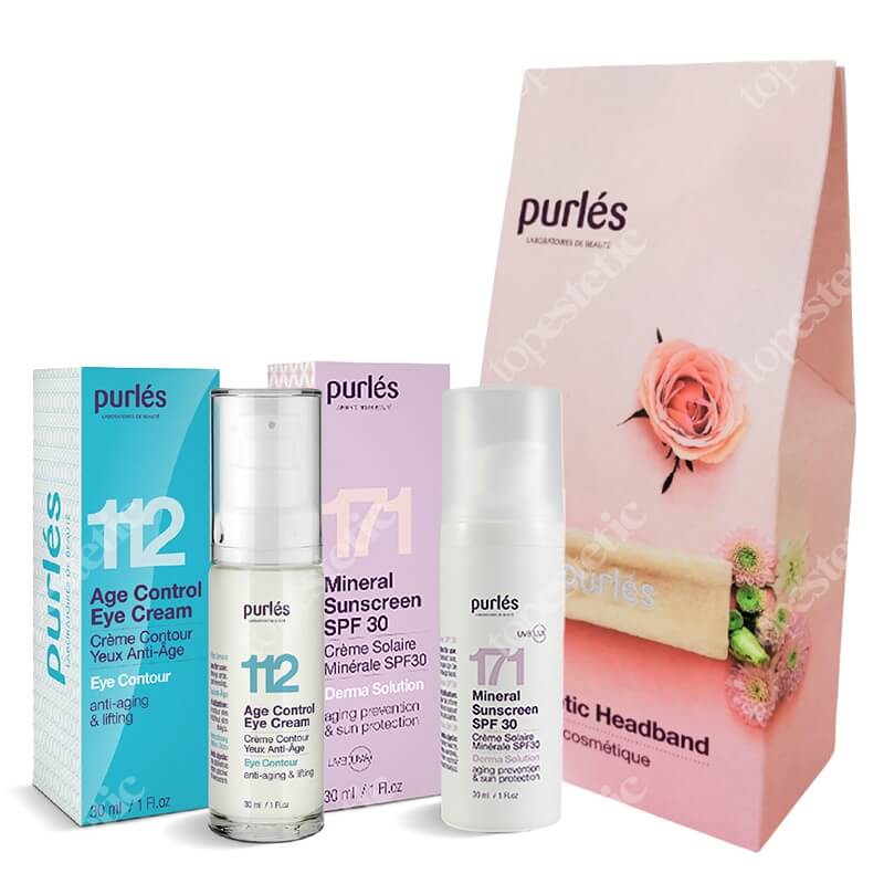 Purles Age Control Eye Cream + Mineral Sunscreen SPF 30 ZESTAW Krem na okolice oczu 30 ml + Mineralny filtr przeciwsłoneczny 30 ml + Opaska kosmetyczna 1 szt