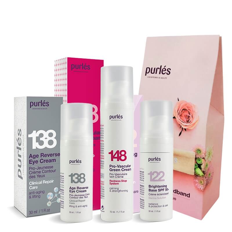 Purles Age Reverse Eye Cream + Brightening Base SPF 50+ + Pro-Vascular Green Cream ZESTAW Krem na okolice oczu 30 ml + Baza 30 ml + Krem do skóry naczyniowej 50 ml + Opaska kosmetyczna 1 szt