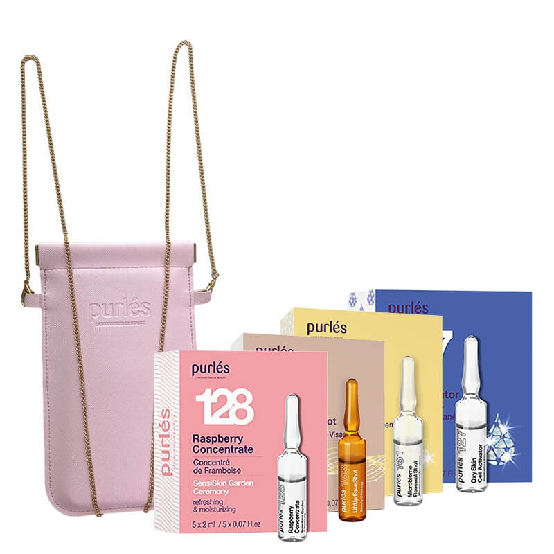 Purles Ampoules Set with Phone Bag ZESTAW Koncentrat malinowy 5 x 2 ml + Napinająca ampułka 5 x 2 ml + Ampułki odnawiające 5 x 2 ml + Oxy aktywator 5 x 2 ml + Phone Bag 1 szt