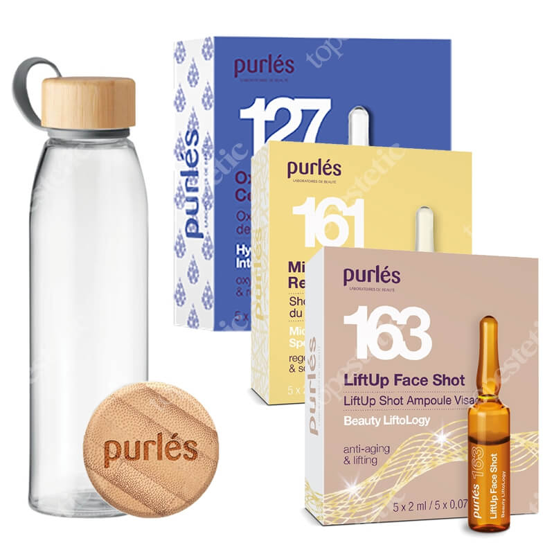 Purles Ampules Set + EKO Butelka GRATIS ZESTAW Napinająca ampułka 5 x 2 ml + Oxy aktywator komórek skóry 5 x 2 ml + Ampułki odnawiające 5 x 2 ml + Butelka 500 ml