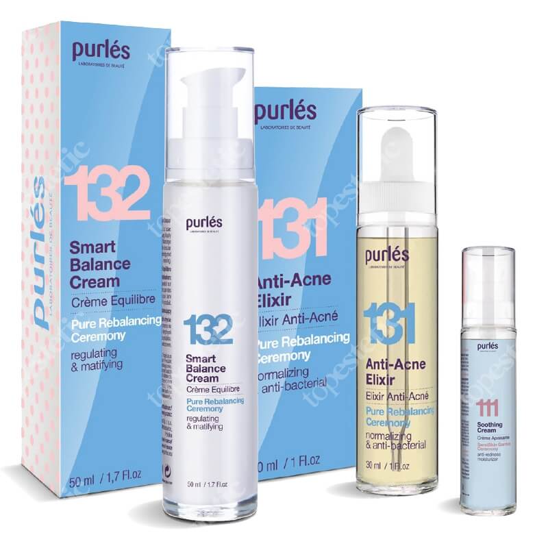 Purles Anti - Acne Set ZESTAW Krem balansujący 50 ml + Elixir przeciwtrądzikowy 30 ml + Krem łagodząco-nawilżający 15 ml