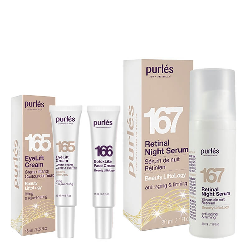 Purles Beauty Liftology Set + BotoxLike Face Cream Travel GRATIS ZESTAW Liftingujący krem pod oczy 15 ml + Serum na noc z retinalem 30 ml + Liftingujący krem do twarzy 15 ml