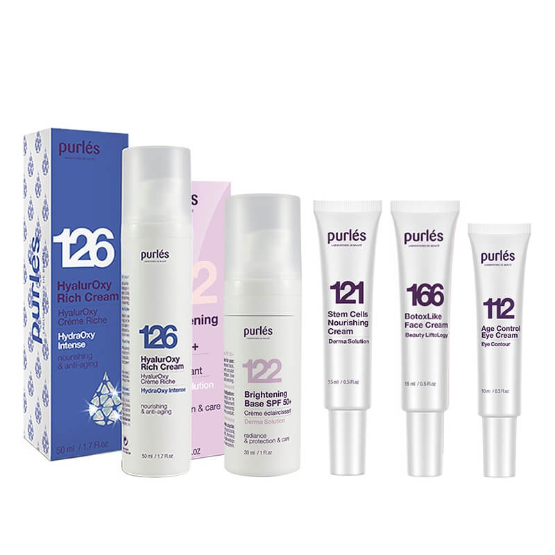 Purles Brightening Base SPF 50+ + HyalurOxy Rich Cream + Travel Products ZESTAW Rozświetlająca baza 30 ml + Bogaty krem hyalurOxy 50 ml + Krem na okolice oczu 10 ml + Odżywczy krem 15 ml + Liftingujący krem 15 ml