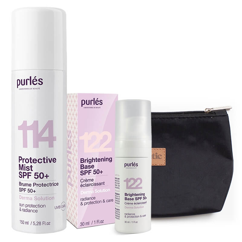 Purles Brightening Base SPF 50+ + Protective Mist SPF 50+ ZESTAW Rozświetlająca baza 30 ml + Mgiełka ochronna z filtrem 150 ml + Kosmetyczka 1 szt