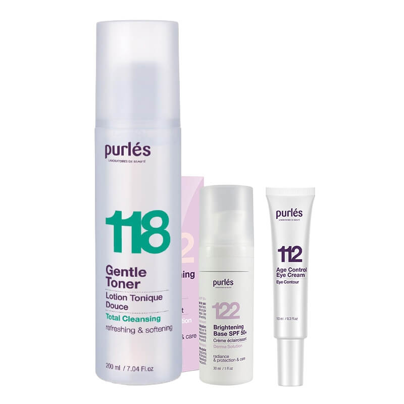 Purles Brightening Base SPF 50+ + Toner + Eye Cream Travel GRATIS ZESTAW Rozświetlająca baza 30 ml + Delikatny tonik 200 ml + Przeciwzmarszczkowy krem na okolice oczu 10 ml