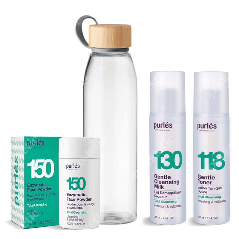Purles Cleansing Set + EKO Butelka GRATIS ZESTAW Enzymatyczny puder myjący 100 ml + Mleczko do demakijażu 200 ml + Tonik 200 ml + Butelka 500 ml