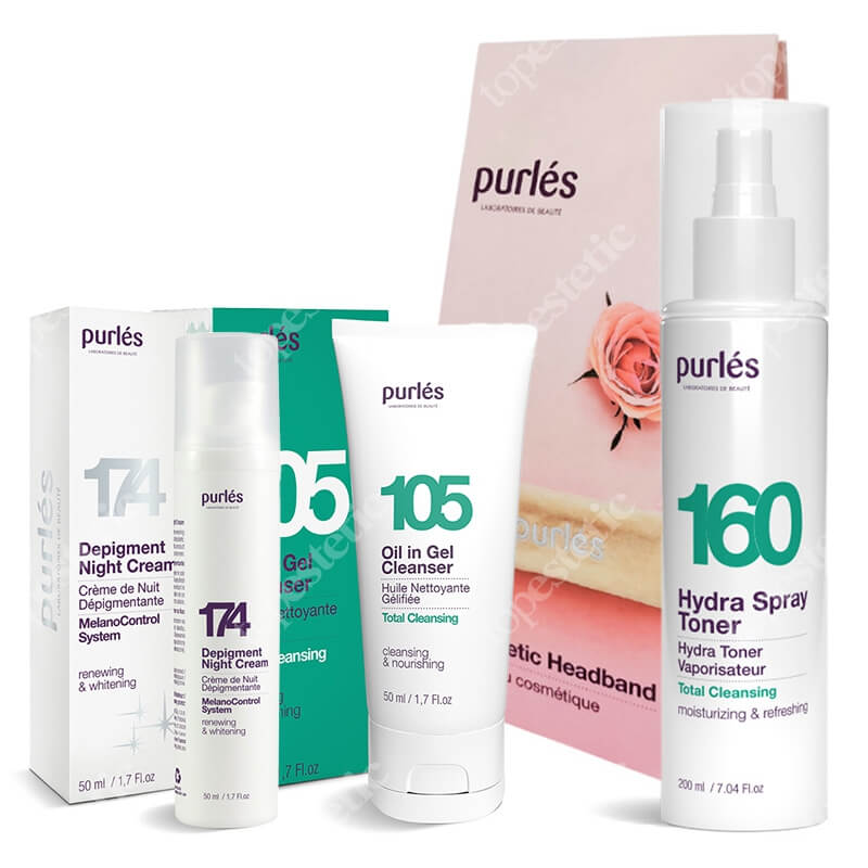 Purles Depigment Night Care Set ZESTAW Olejek w żelu 50 ml + Tonik 200 ml + Depigmentujący krem na noc 50 ml + Opaska 1 szt