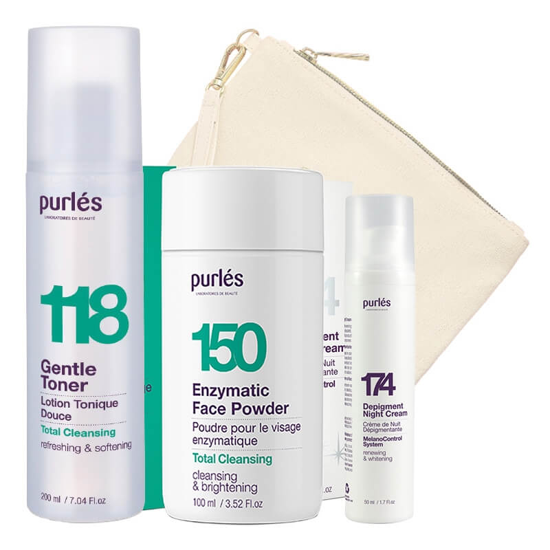 Purles Depigment Night Set ZESTAW Enzymatyczny puder 100 ml + Tonik 200 ml + Depigmentujący krem na noc 50 ml + Kosmetyczka 1 szt