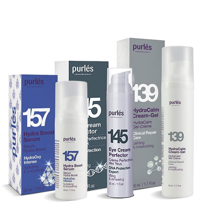 Purles Eye Cream Perfector + Hydra Boost Serum + HydraCalm Cream-Gel ZESTAW Krem pod oczy 30 ml + Ultranawilżające serum 30 ml + Nawilżająco-łagodzący krem-żel 50 ml