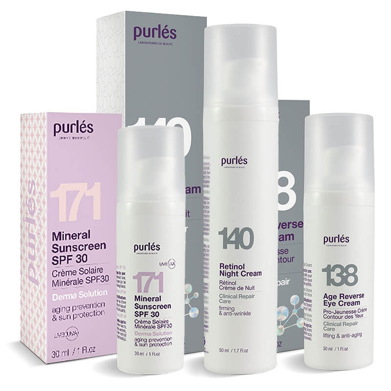 Purles Eye Cream + Retinol Night Cream + Mineral Sunscreen SPF 30 ZESTAW Krem na okolice oczu 30 ml + Krem z retinolem na noc 0,5% 50 ml + Mineralny filtr przeciwsłoneczny 30 ml