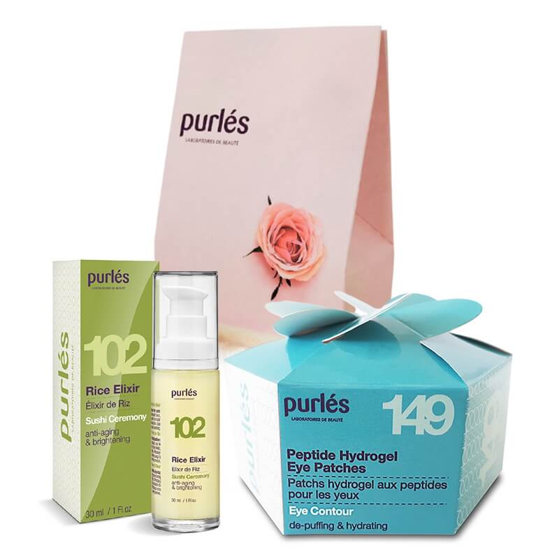 Purles Eye Patches + Rice Elixir ZESTAW Płatki peptydowe pod oczy 60 szt + Eliksir ryżowy 30 ml + Opaska kosmetyczna z gumką 1 szt