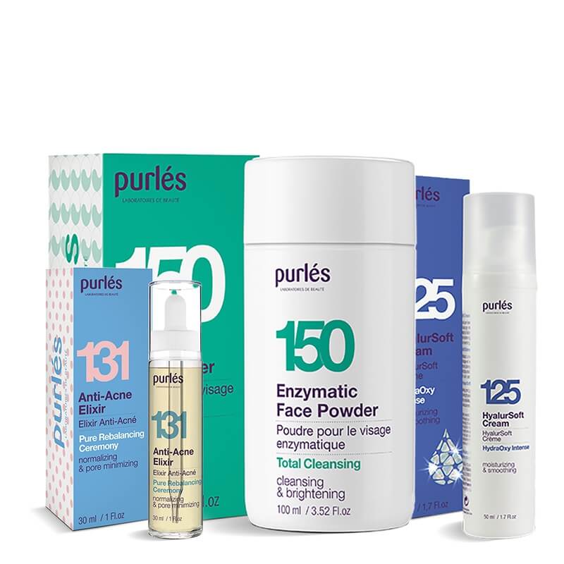 Purles Face Powder + Anti-Acne Elixir + HyalurOxy Soft Cream ZESTAW Puder myjący 100 ml + Elixir przeciwtrądzikowy 30 ml + Lekki krem HyalurSoft 50 ml