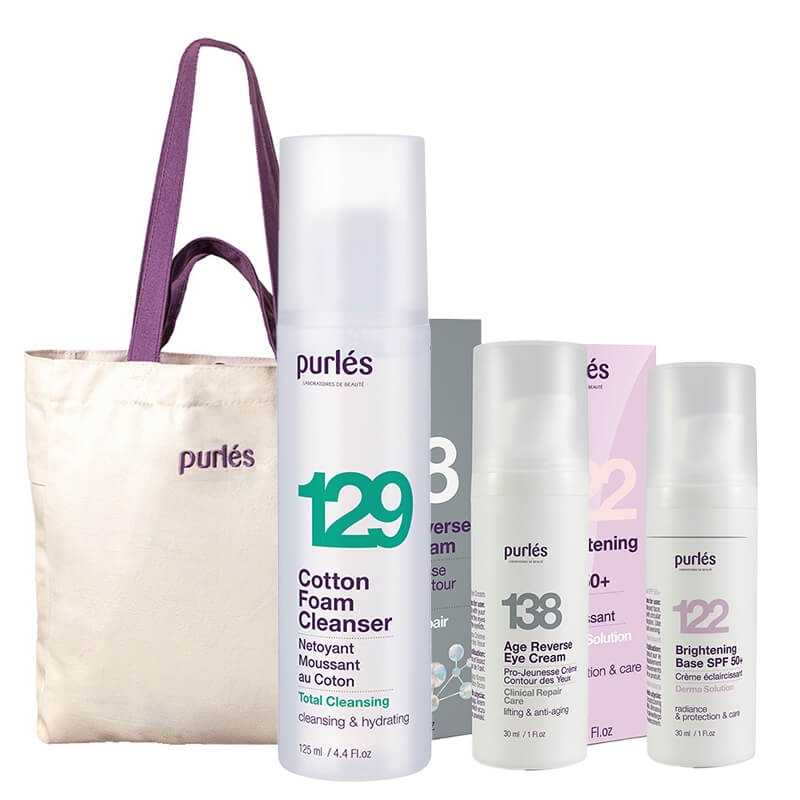 Purles Foam Cleanser + Eye Cream + Brightening Base SPF 50+ + Torba Purles ZESTAW Pianka myjąca 125 ml + Krem na okolice oczu 30 ml + Rozświetlająca baza 30 ml + Bawełniana torba plażowa 1 szt
