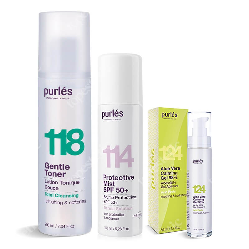 Purles Gentle Toner + Aloe Vera Calming Gel 98% + Protective Mist SPF 50+ ZESTAW Tonik 200 ml + Żel aloesowy 50 ml + Mgiełka ochronna z filtrem 150 ml