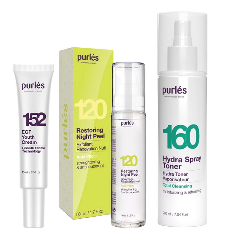Purles Hydra Spray Toner + Restoring Night Peel + EGF Youth Cream Travel GRATIS ZESTAW Intensywnie nawilżający tonik 200 ml + Eksfoliujący krem wzmacniający 50 ml + Krem młodości 15 ml