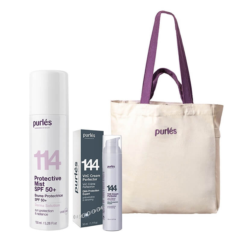 Purles Illumination and Protection Set ZESTAW Krem do twarzy 50 ml + Mgiełka ochronna z filtrem 150 ml + Bawełniana torba plażowa 1 szt