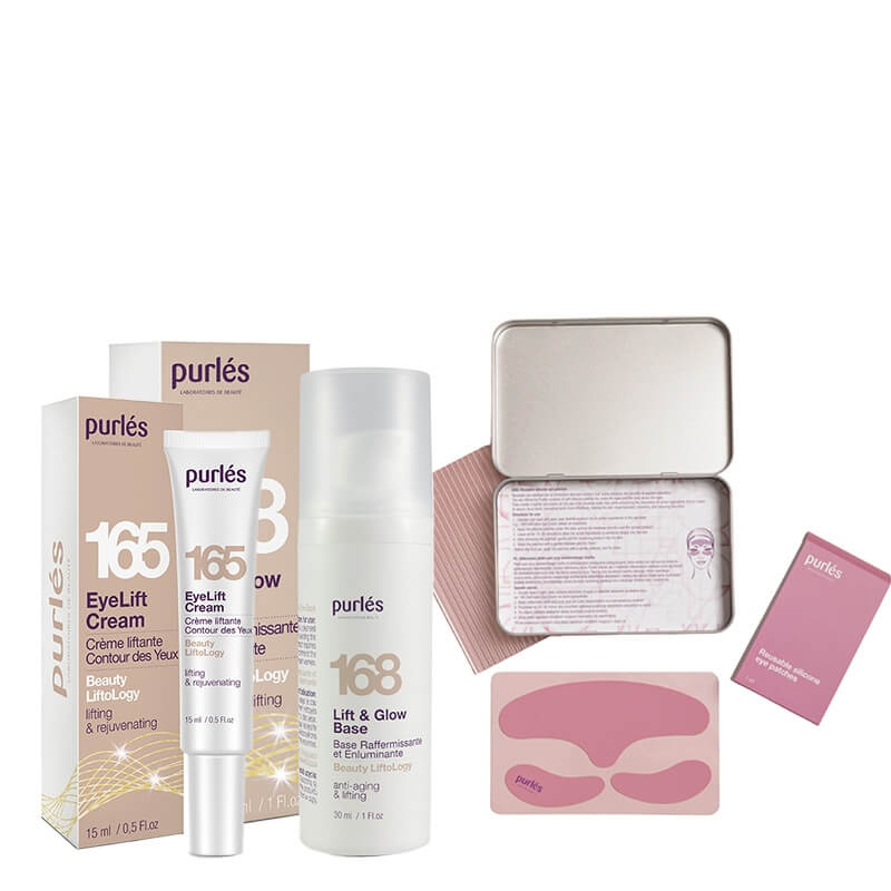 Purles Lift and Glow Set ZESTAW Liftingujący krem pod oczy 15 ml + Baza liftingująco-rozświetlająca 30 ml + Silikonowe płatki pod oczy i na czoło 1 szt
