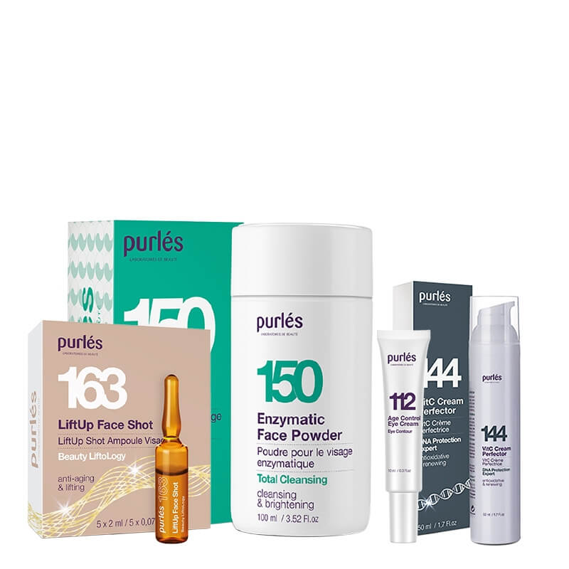 Purles Lifting and Brightening Set ZESTAW Puder myjący 100 ml + Napinająca ampułka 5 x 2 ml + Krem z witaminą C 50 ml + Krem na okolice oczu 10 ml