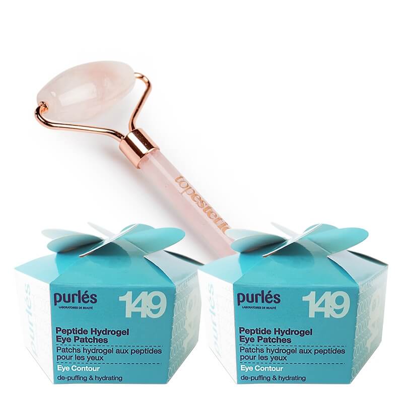 Purles Peptide Hydrogel Eye Patches x 2 + Roller Topestetic ZESTAW Płatki peptydowe pod oczy 60 szt x 2 + Roller do masażu twarzy z różowego kwarcu 1 szt