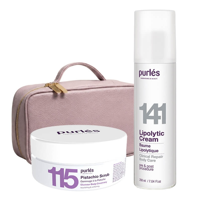 Purles Pistachio Scrub + Lipolytic Cream + Kosmetyczka ZESTAW Peeling 160 ml + Krem antycellulitowy 200 ml + Kosmetyczka ze skóry ekologicznej (kolor zgaszony róż) 1 szt