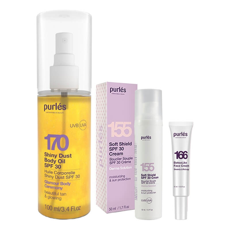Purles Protective Sun Kit + BotoxLike Face Cream Travel GRATIS ZESTAW Rozświetlający olejek SPF 30 100 ml + Krem SPF30 50 ml + Liftingujący krem do twarzy 15 ml