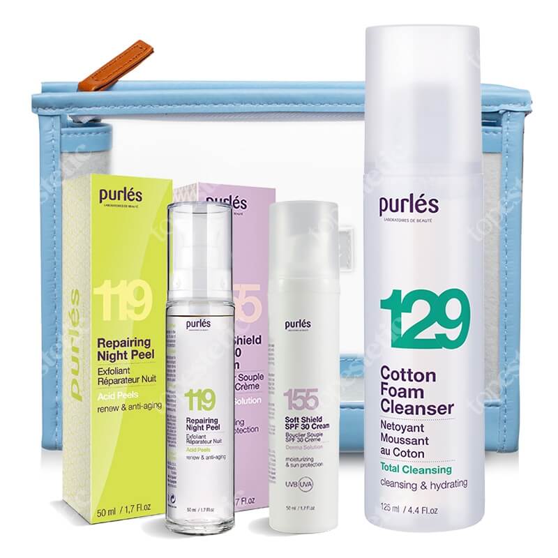 Purles Renewal and Protection Set ZESTAW Pianka myjąca 125 ml + Krem eksfoliujący 50 ml + Krem ochronny SPF30 50 ml + Kosmetyczka 1 szt