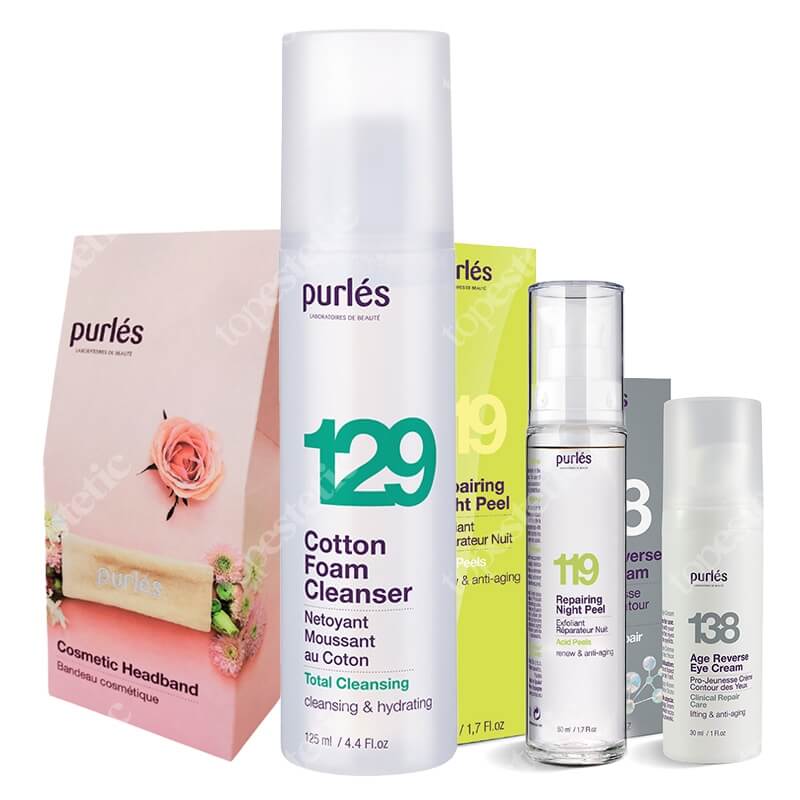 Purles Repairing Night Set ZESTAW Pianka myjąca 125 ml + Krem na okolice oczu 30 ml + Krem eksfoliujący 50 ml + Opaska 1 szt