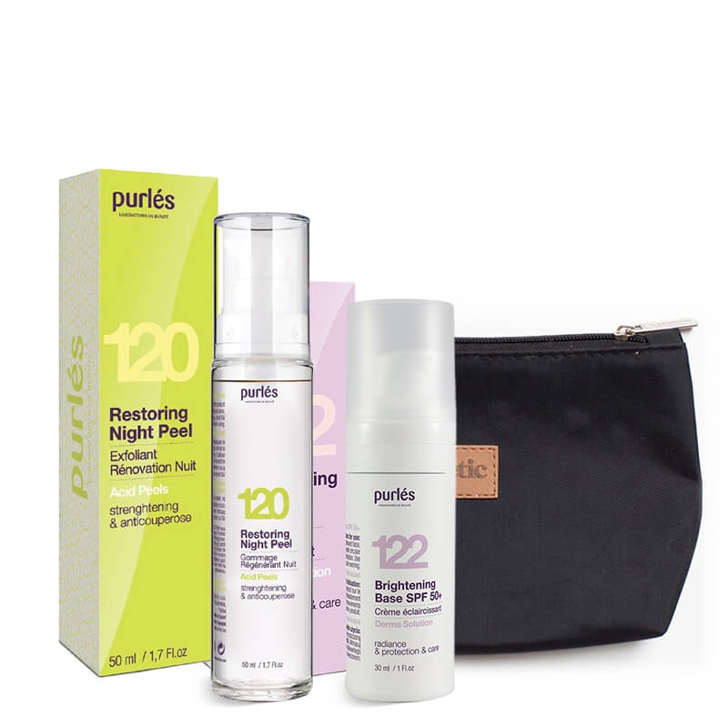 Purles Restoring Night Peel + Brightening Base SPF 50+ ZESTAW Eksfoliujący krem wzmacniający 50 ml + Rozświetlająca baza 30 ml + Kosmetyczka 1 szt