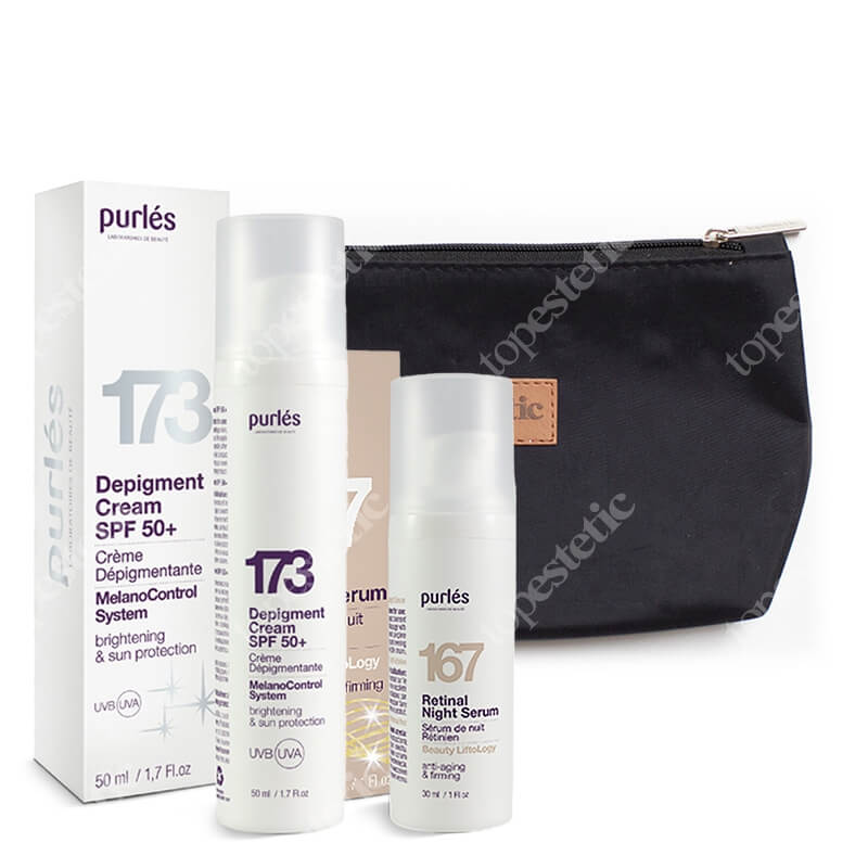 Purles Retinal Night Serum + Depigment Cream SPF 50+ + Kosmetyczka Topestetic ZESTAW Serum na noc z retinalem 30 ml + Depigmentujący krem SPF 50+ 50 ml + Kosmetyczka 1 szt