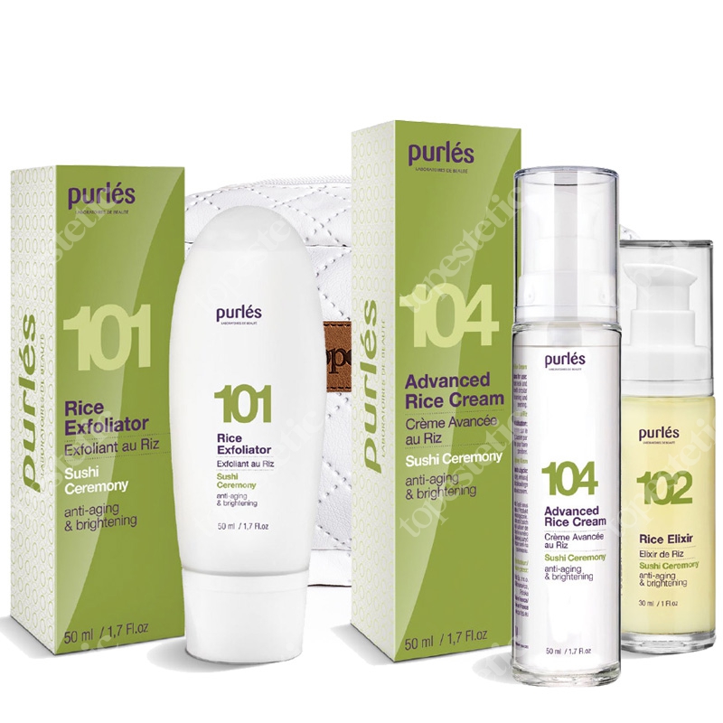 Purles Rice Set ZESTAW Eliksir ryżowy 30 ml + Peeling kremowy z ryżu 50 ml + Krem ryżowy 50 ml + Kosmetyczka