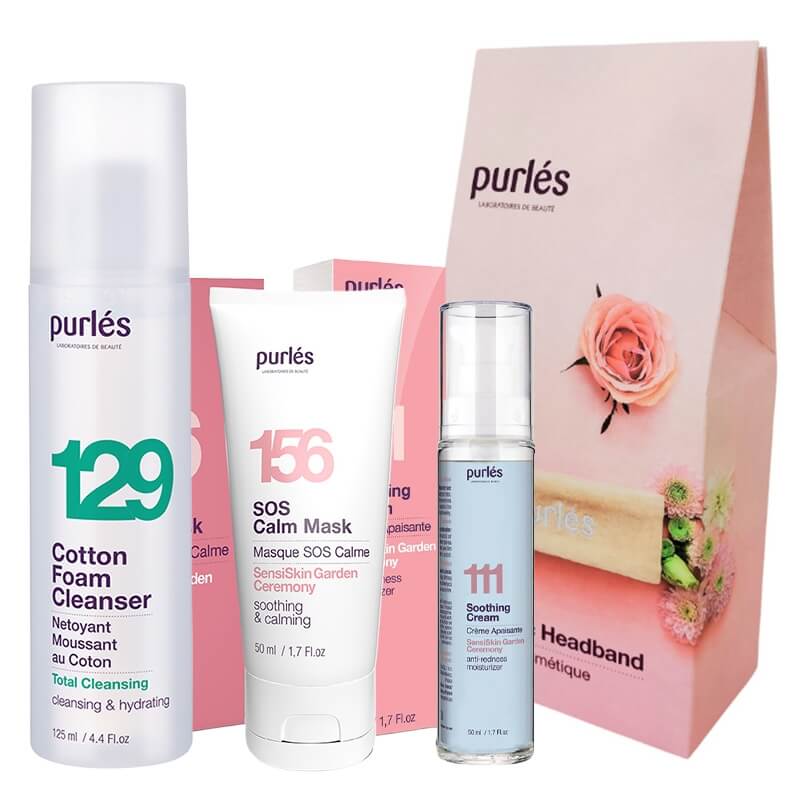 Purles Sensitive Skin Set ZESTAW Pianka 125 ml + Kojąca żelowo-kremowa maska 50 ml + Krem łagodząco-nawilżający 50 ml + Opaska 1 szt