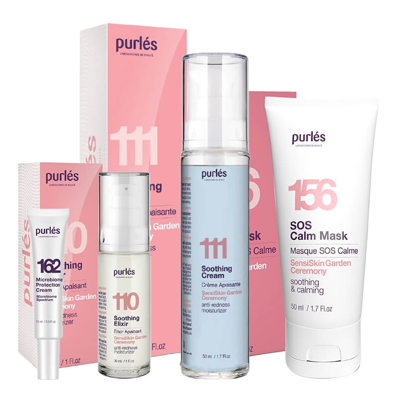 Purles Skin Rescue Kit + Microbiome Protection Cream Travel GRATIS ZESTAW Kojąca maska 50 ml + Łagodzący eliksir 30 ml + Krem łagodząco-nawilżający 50 ml + Krem nawilżająco-łagodzący 15 ml