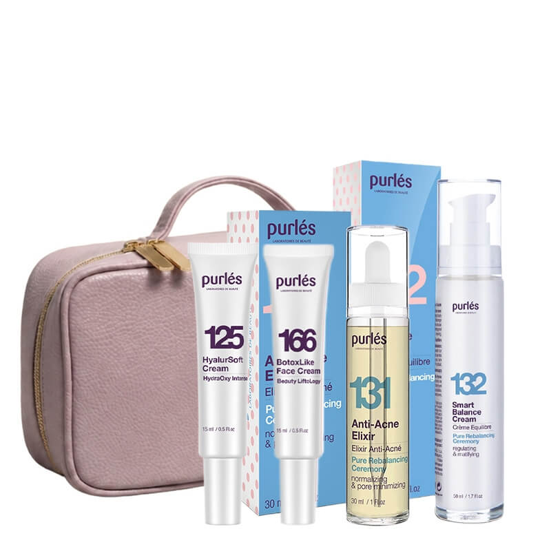 Purles Smart Balance Set + Travel Products + Kosmetyczka ZESTAW Elixir 30 ml + Krem balansujący 50 ml + Lekki krem HyalurSoft 15 ml + Liftingujący krem 15 ml + Kosmetyczka 1 szt