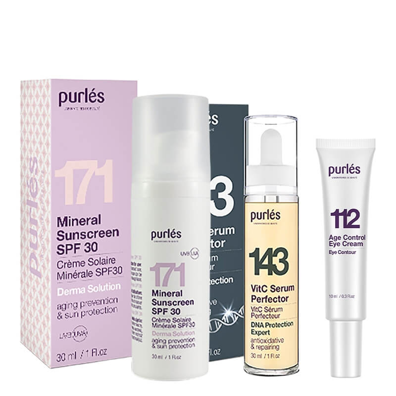 Purles Summer Antioxidant Set ZESTAW Serum z witaminą C 30 ml + Mineralny filtr przeciwsłoneczny 30 ml + Przeciwzmarszczkowy krem na okolice oczu 10 ml