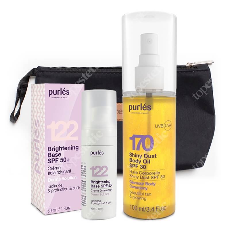 Purles Sun Care Set ZESTAW Rozświetlający olejek do ciała SPF 30 100 ml + Rozświetlająca baza SPF 30 30 ml + Kosmetyczka 1 szt