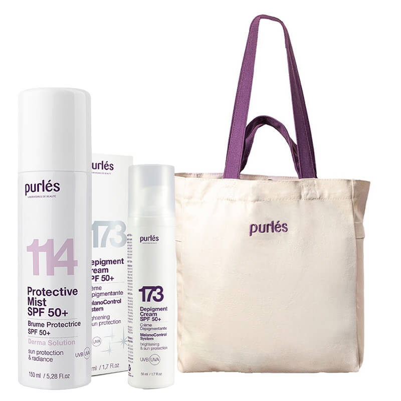 Purles Sun Protection Set ZESTAW Depigmentujący krem SPF 50+ 50 ml + Mgiełka ochronna z filtrem 150 ml + Bawełniana torba plażowa 1 szt