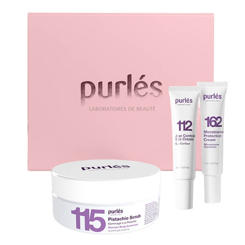 Purles X-Mas Box (115 + 162 + 112) ZESTAW Kremowy peeling pistacjowy 160 ml + Nawilżająco - łagodzący krem 15 ml + Przeciwzmarszczkowy krem na okolice oczu 10 ml