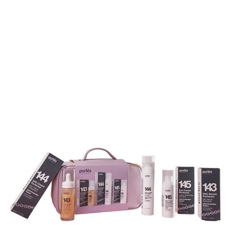 Purles X-Mas Set (143 + 144 + 145) ZESTAW Serum 30 ml + Krem do twarzy 50 ml + Krem pod oczy 30 ml + Kosmetyczka różowa 1 szt