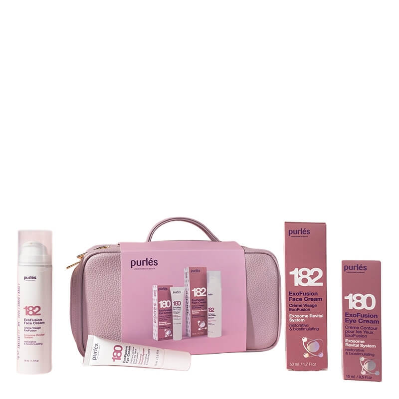 Purles X-Mas Set (180 + 182) ZESTAW Krem pod oczy z egzosomami 15 ml + Krem rewitalizujący o bogatej konsystencji 50 ml + Kosmetyczka różowa 1 szt
