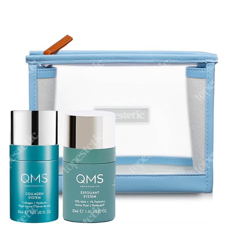 QMS Bestseller Set ZESTAW Peeling kwasowy z 10% AHA i probiotykami 30 ml + Serum kolagenowe na noc 30 ml + Kosmetyczka 1 szt