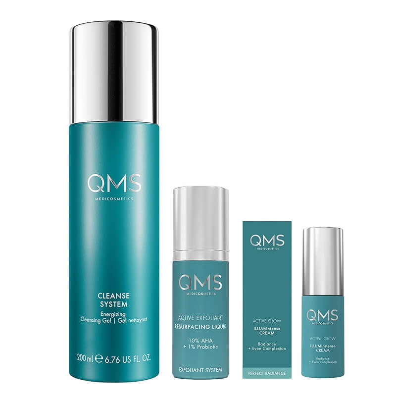 QMS Clean And Glow ZESTAW Żel oczyszczający 200 ml + Peeling kwasowy 30 ml + Krem aktywnie rozświetlający 10 ml