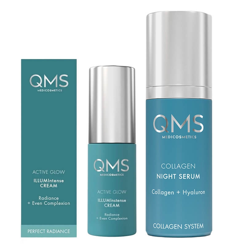 QMS Collagen Night + Active Glow Day ZESTAW Serum kolagenowe na noc 30 ml + Krem aktywnie rozświetlający 10 ml