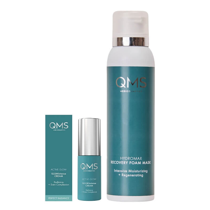 QMS Hydromax + Active Glow ZESTAW Nawilżająca maska w piance z witaminami ACE 150 ml + Krem aktywnie rozświetlający 10 ml