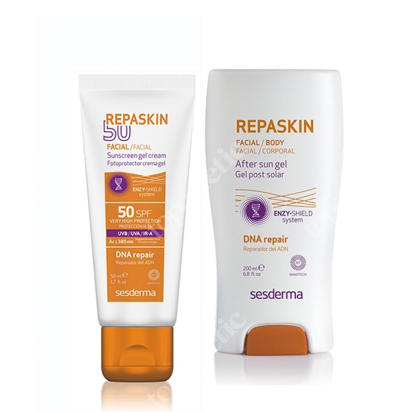 Sesderma Repaskin Fotoprotector SPF50 + Post-Solar ZESTAW Filtr ochronny + Żel po opalaniu 50 ml, 200 ml